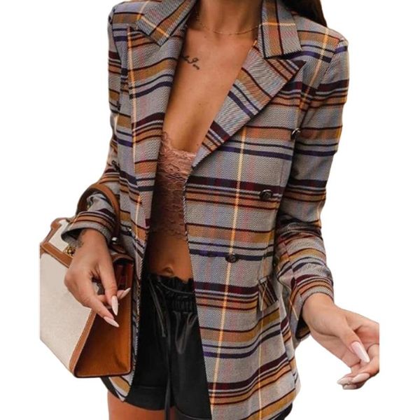 

autumn women plaid long sleeve lapel jacket double-breasted plaid slim blazer female single breasted outerwear, White;black