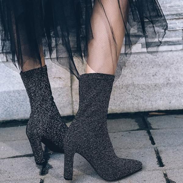 

boots vogue bling silver ankle for women pointed toe stretch fabric sock high heel shoes swe0220, Black