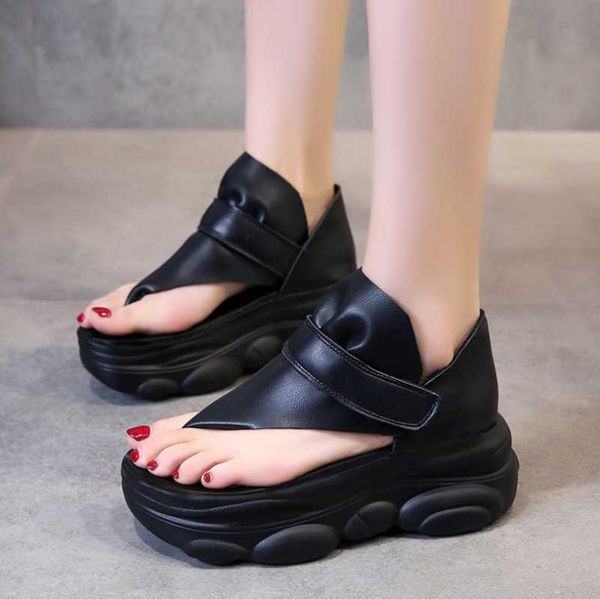 

sandals thick-soled female ins tide flip-flops 2021 summer slope heel increase beach roman shoes, Black