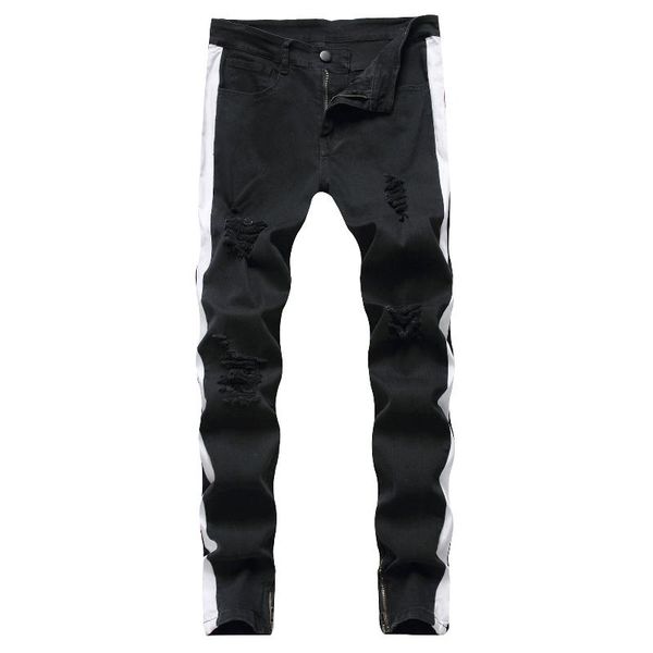 

men's jeans white stripe patchwork pencil men fashion slim fit black ripped skinny man casual ankle zipper destroyed denim pants, Blue