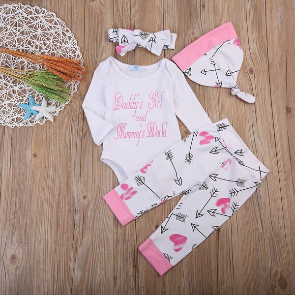 

4pcs newborn baby girl clothes autumn long sleeve letter print romper +pant hat headband outfit toddler kids clothing, Blue