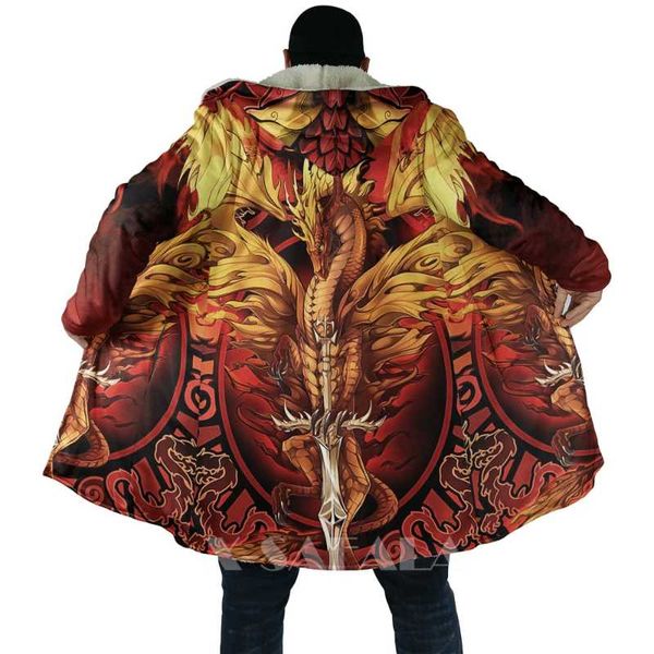 

men's wool & blends native dragon animal purple dark all over 3d printed thick warm hooded cloak for men windproof fleece casual-15, Black
