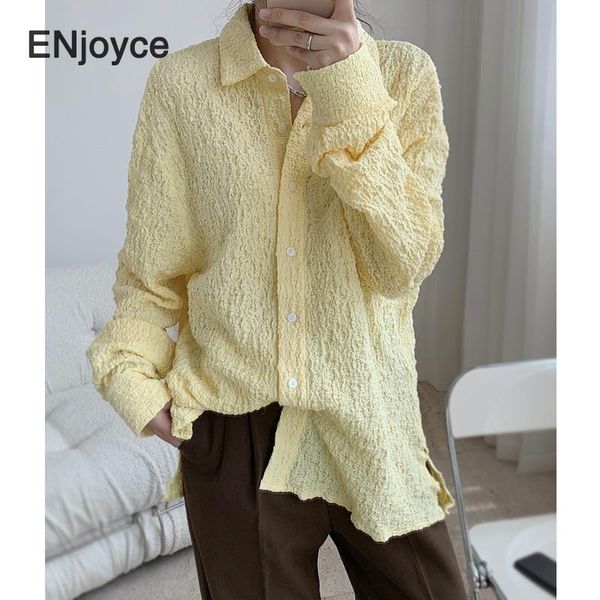

women 2021 autumn fashion korean loose pleated blouse female casual blouses warm yellow long sleeve shirt ladies clothes top, White