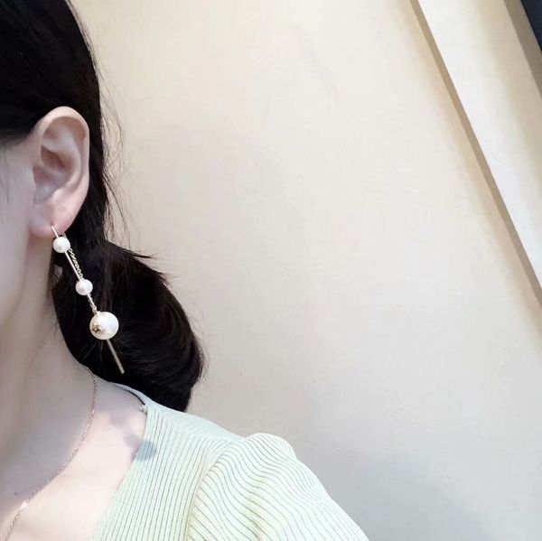 

d / dijia new three pearl earrings letter tassel long earrings five pointed star versatile, Golden