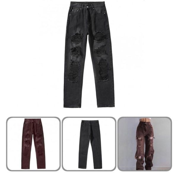 

women's jeans multi pockets cool irregular distressed trousers women ripped for daily wear, Blue