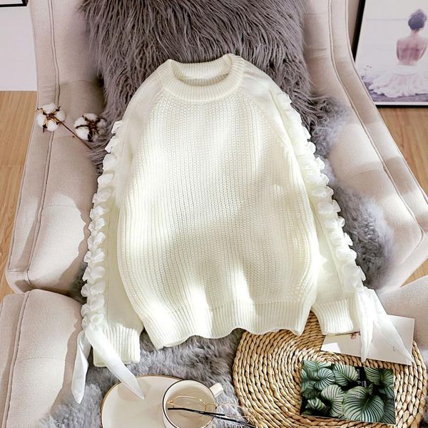 

women's sweaters t-neck sweater pullover head autumn and winter korean loose foreign style student lace up bottomed t-shirt, White;black