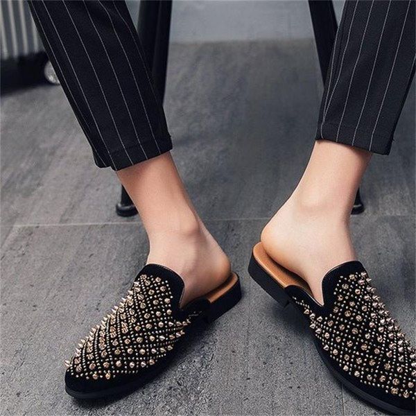 

slippers 2021 men shoes fashion trend casual high-end black imitation suede golden shiny rivet decoration comfortable half drag 3k