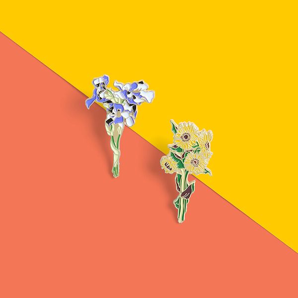 

van gogh's iris sunflower brooches for women vintage oil painting literary works enamel lapel pins gold plated badges denim shirt xmas, Gray
