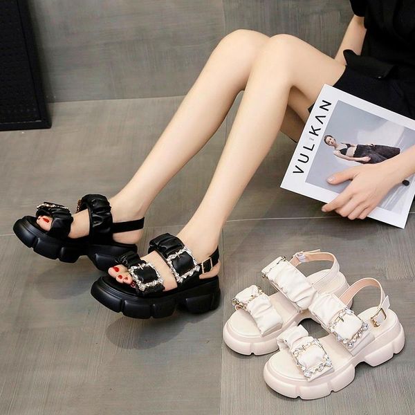 

sandals fashion female summer 2021 wild fairy feng rhinestone metal platform, Black