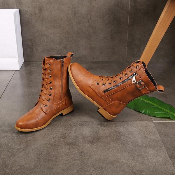 

boots 2021 retro women western punk lace up buckle motorcycle zipper mid calf ladies short botas plus size 35-43, Black