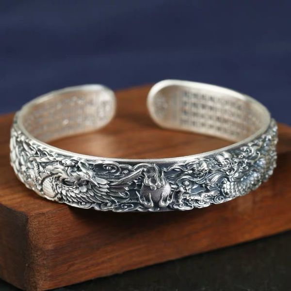 

2021 new s999 pure sier vintage hand-embossed dragon and phoenix are auspicious heart sutra woman bracelet gift for mother 0ono, Black