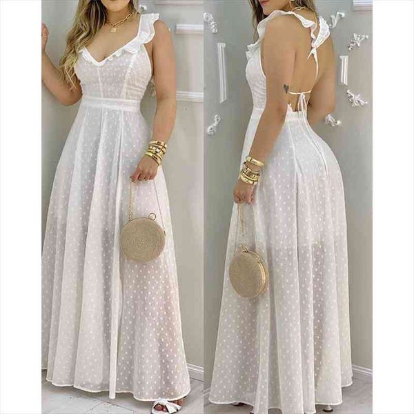 

summer ruffle hem open back women dress slit maxi white sleeveless elegant casual lace up vacation solid ladies, Black;gray