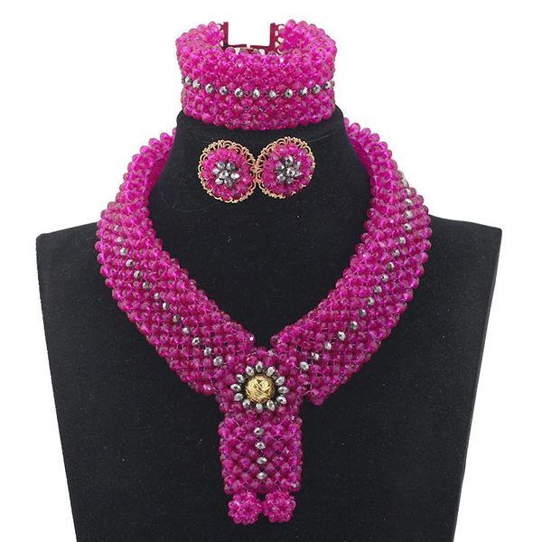 

earrings & necklace fashion pink crystal beads african wedding jewelry set handmade nigerian bridal statement flower pendant ab201, Silver