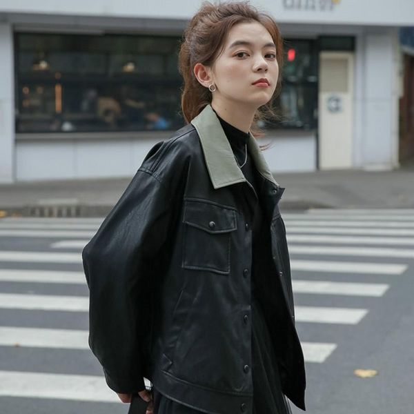 

women's jackets retro polyester leather jacket women loose contrasting lapel collar regular kurtki damskie coats ef50wj, Black;brown