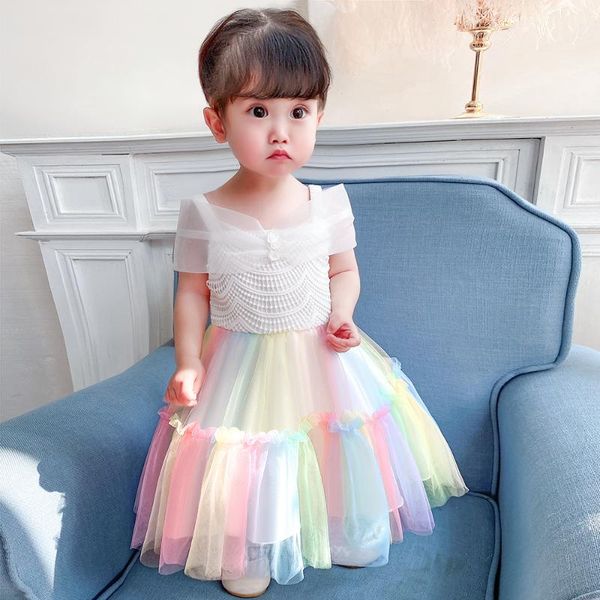 

girl's dresses rainbow laceÂ princess toddler birthday party weddingÂ dress born children baptism baby girl clothesÂ summer vestidos, Red;yellow