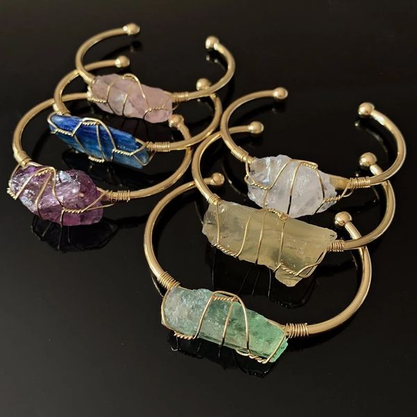 Braccialetti in pietra naturale con avvolgimento di filo color oro minerale di roccia Braccialetti con cristalli di fluorite di quarzo rosa viola Guarigione Reiki Femme