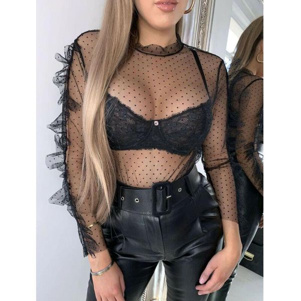 

women's blouses & shirts women polka dot printed blouse summer mesh sheer see-through long sleeve pullover high neck shirt, White