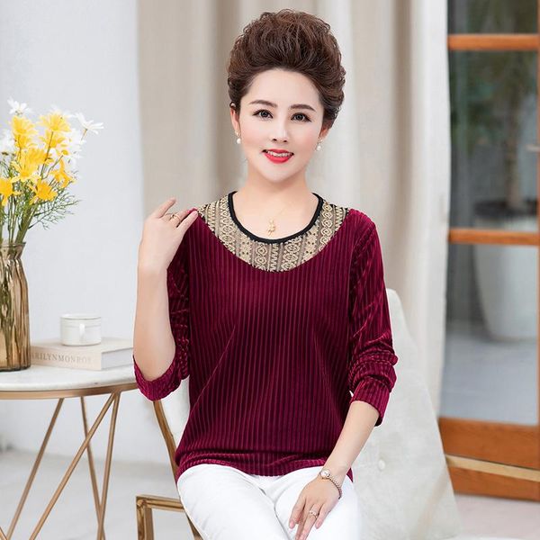 

women's t-shirt lace velvet women long sleeve spring autumn middle aged clothing fashion slim plus size 5xl mother tee 2021, White
