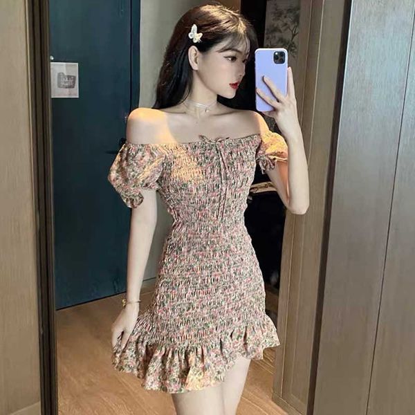 

summer slim stretch word shoulder dress female ruffled bag hip floral short sleeve mini es temperament commute 210604, Black;gray