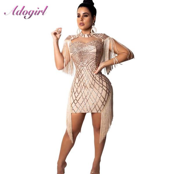 

sheer sequins evening party bodycon summer mini dress women elegant short sleeve tassel club dresses casual bandage vestido x0521, Black;gray
