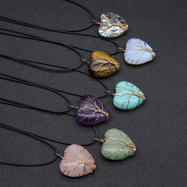 

natural stone heart charms necklaces copper twine tree of life wire wrap pendant turquoise amethyst tiger eye rose quartz wholesale jewelry, Silver