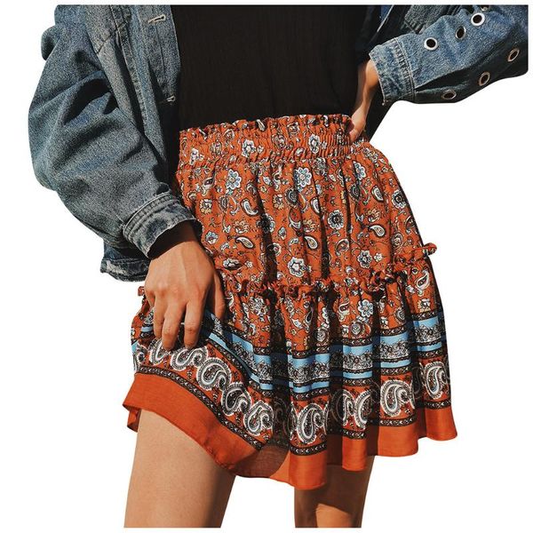 

skirts ladies bohemian ethnic style ruffled print skirt women summer casual vintage high waist floral beach short, Black