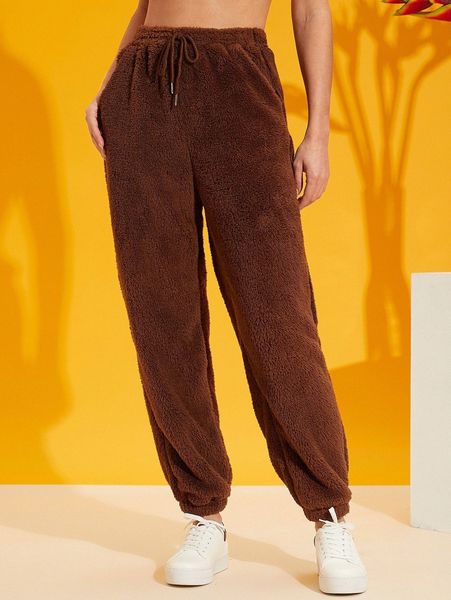 

slant pocket drawstring waist teddy pants n54u#, Black;white