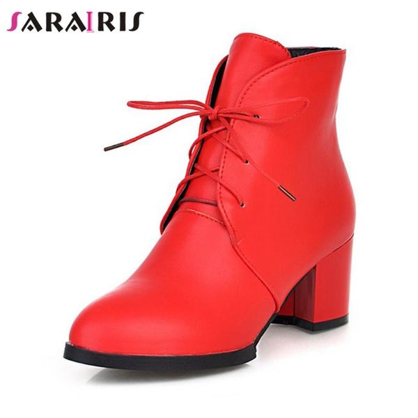 

boots sarairis fashionable shoelaces chunky heels elegant office ladies ankle booties women shoes female, Black