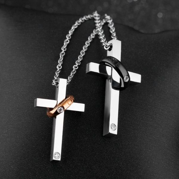 

pendant necklaces one pair of lover design stainless round crystals cross necklace couple jewelry, Silver