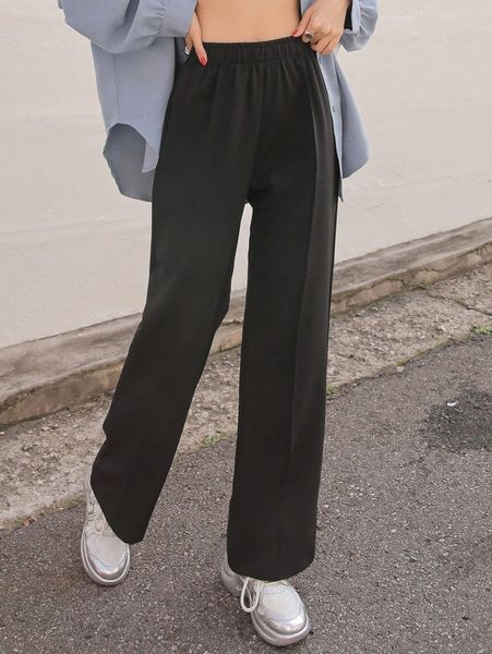 

dazy elastic waist plicated detail straight leg pants w3kl#, Black;white