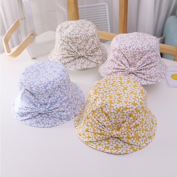 

floral printed baby bucket hat with bowknot spring summer kids hats caps soft cotton toddler gilrls beach cap sun hat 1-3y, Yellow