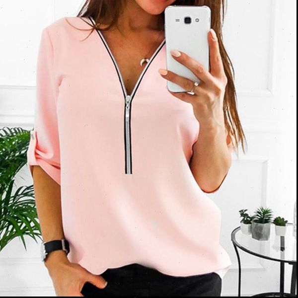

spring summer women chiffon blouse 2021 v collar zipper large size 3xl sleeves loose shirt blouse blusa feminina women, White