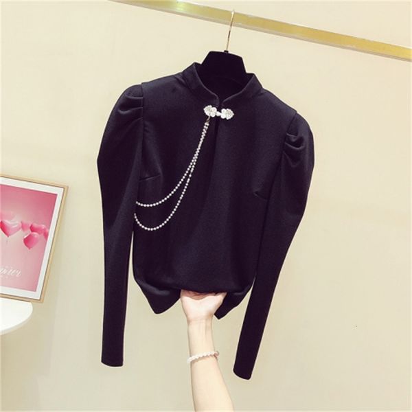 

retro-current button bubble sleeve female shirt spring 2021 casual new solid color mrs. blouse thin mujer black blouses stu4