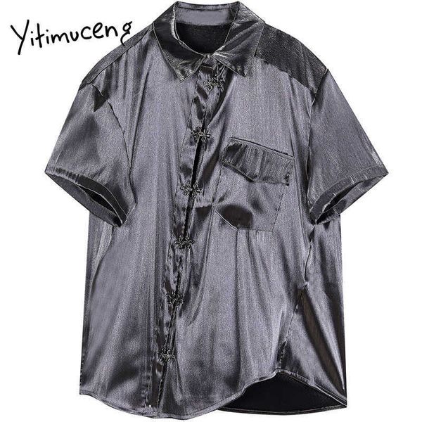 Yitimuceng assimutmétrico Cheongsam Blouse Mulheres Vintage Camisas Solta Primavera Moda de Manga Curta Coleira De Trato Tops 210601