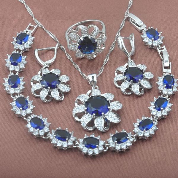 

silver color sky blue zirconia sun flower women's jewelry set bracelet necklace pendant earrings ring yz0351