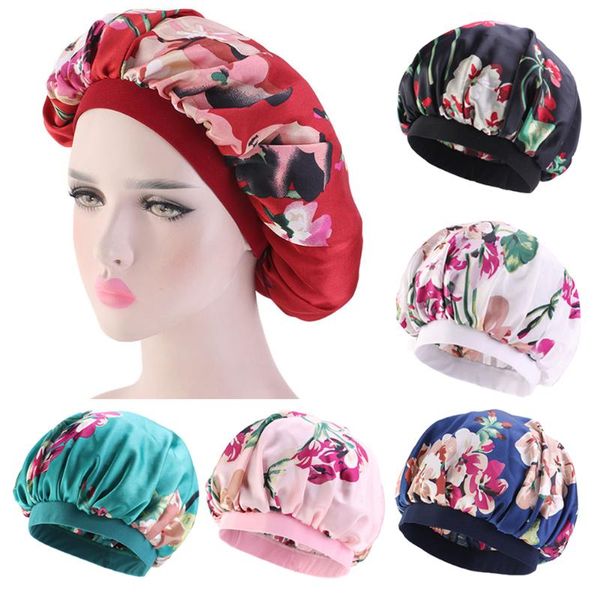 

shower caps long hair care women satin bonnet cap printed floral night sleep hat silk head wrap adjust
