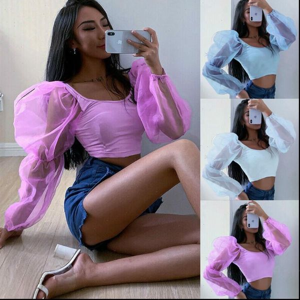 

2021 spring autumn long sleeve blouse mesh puff sleeve patchwork crop women casual short blusas, White