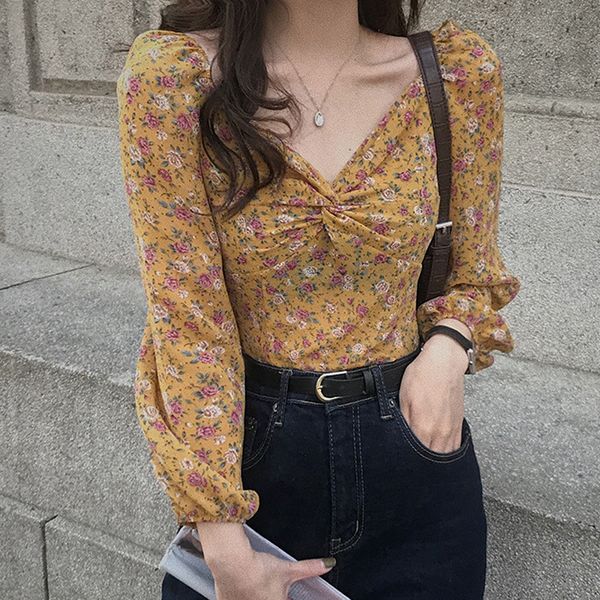 

2021 Top quality Print Blouse Female Sweet V-neck Crop Spring Women Slim Fit Blouses Elegant Long Shirt Tops 8VFL, White