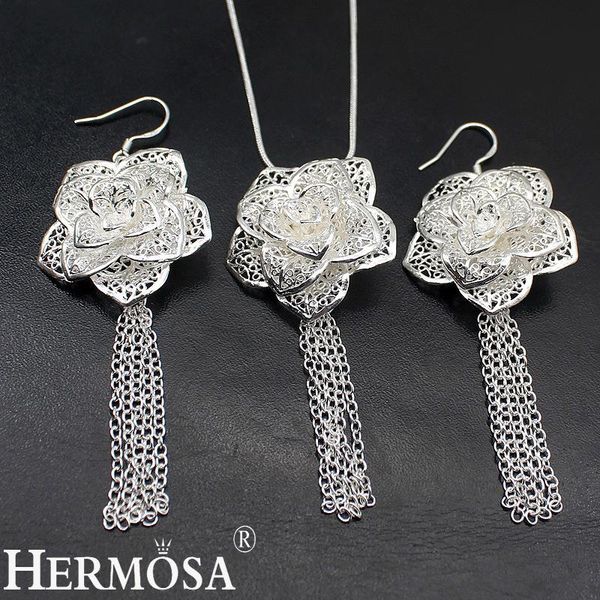 

earrings & necklace big promotion exclusive flower design silver color for women sa04 floral sets hermosa jewelry