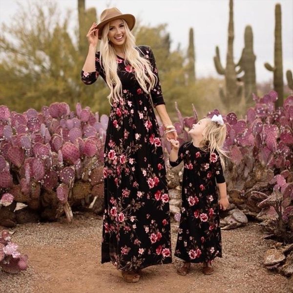 

floral summer maxi long sleeve women dress family matching gothic clothes mother daughter mom baby girl, Black;gray
