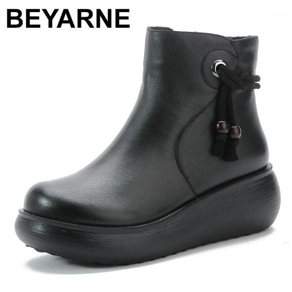 

boots beyarne women 2021 autumn winter 100% genuine leather wedges warm heel ankle ladies round toe platform1, Black
