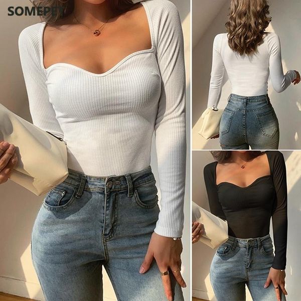 

women's t-shirt slim square collar long sleeve chest female, White