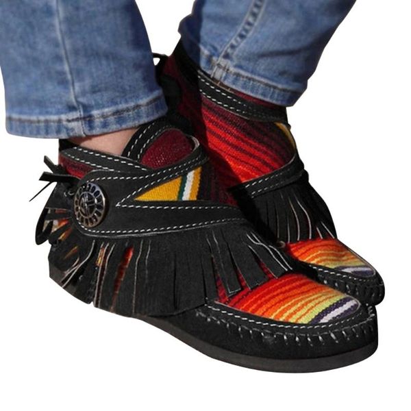 

boots women's shoes 2021 cowgirl synthetic leather moccasins soft sole fringed retro flat women ankle botas mujer, Black