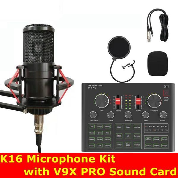 

k16 condenser microphone kit with v9x pro sound card dsp noise reduction mic kit for pc gaming karaoke studio live dj smartphone
