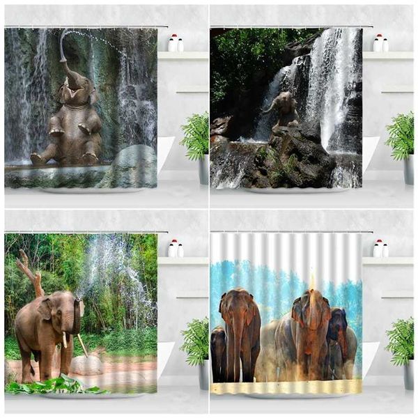 Cute Elephant Tende da doccia Animali divertenti Spruzzo d'acqua Cascata Colore dell'acqua naturale Art Modern Bathroom Decor Set di tende da bagno 211116