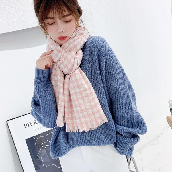 

autumn and korean style houndstooth loose womens winter all-matching warm shawl double-sided fashion scarf, Blue;gray