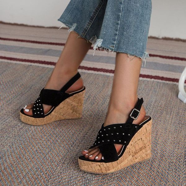 

dress shoes women sandals wedges flock metal decoration female footwear buckle strap solid cross-tied plus size leisure ladies summer, Black