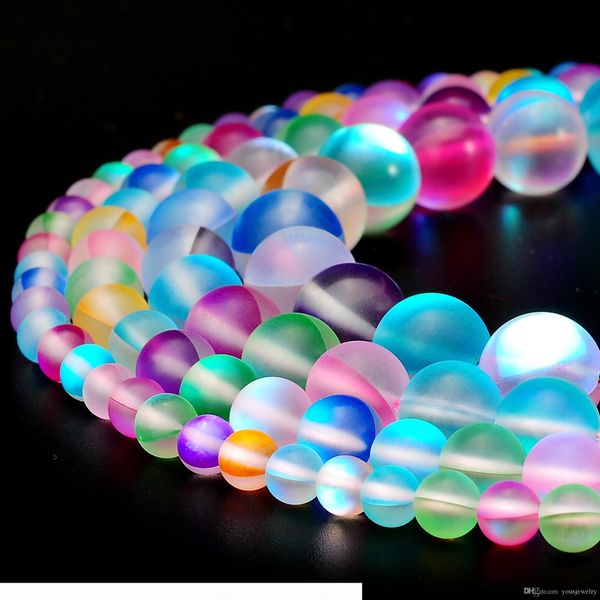 

yous round spectrolite moonstone matte mix color crystal glass beads aura for jewelry making 6 8 10 12mm one strand