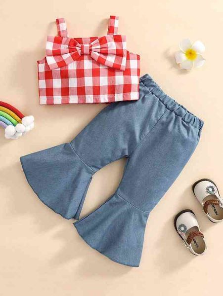 

baby gingham print bow front cami & flare leg pants she, White