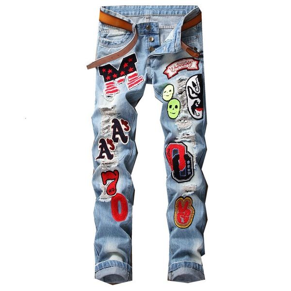 

new masculine emblem patches buttons fly thin brim blue light fashion holes anguished denies straight pants 7ql3